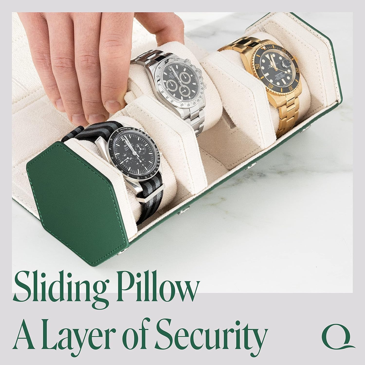 Napa Leather Watch Rolls for Men - Hexagon Triple Watch Roll Travel Case for 3 Watches - Storage Organizer Genuine Leather with Velvet Interior Display (Green/Cream)