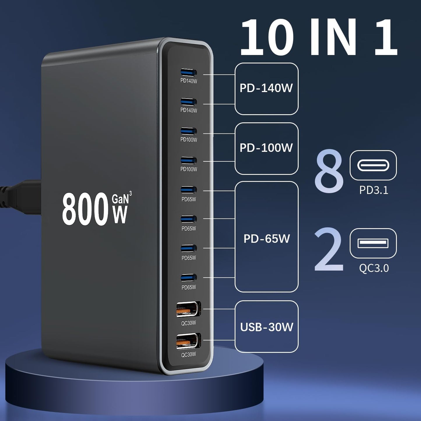 800W Gan III 10-Port USB-C Charging Station - Fast Charger for Laptops, Tablets, Smartphones, and More (Black)