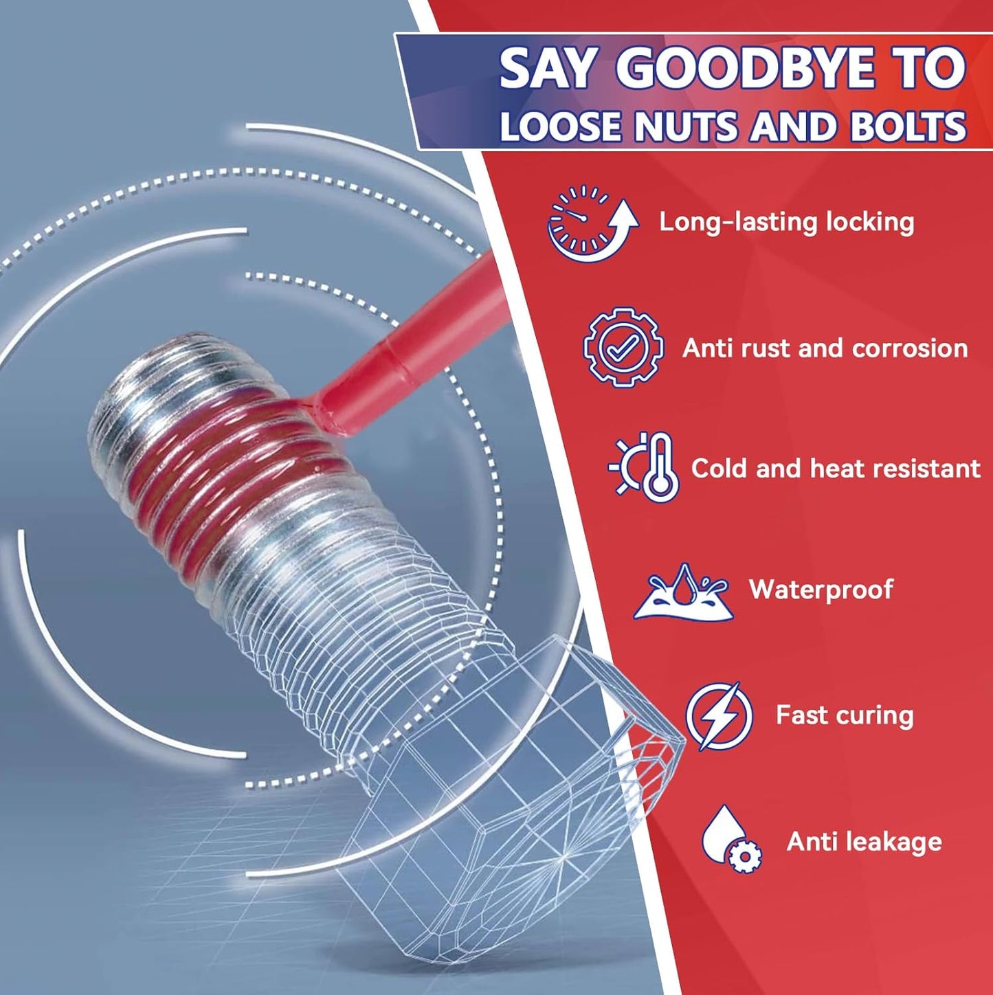Thread Lock Blue and Red, Medium and Strong Strength Threadlocker, Thread Locker for Nuts, Bolts, Fasteners and Metals, Anaerobic Curing Screw Glue to Prevent Loosening (Blue and Red)