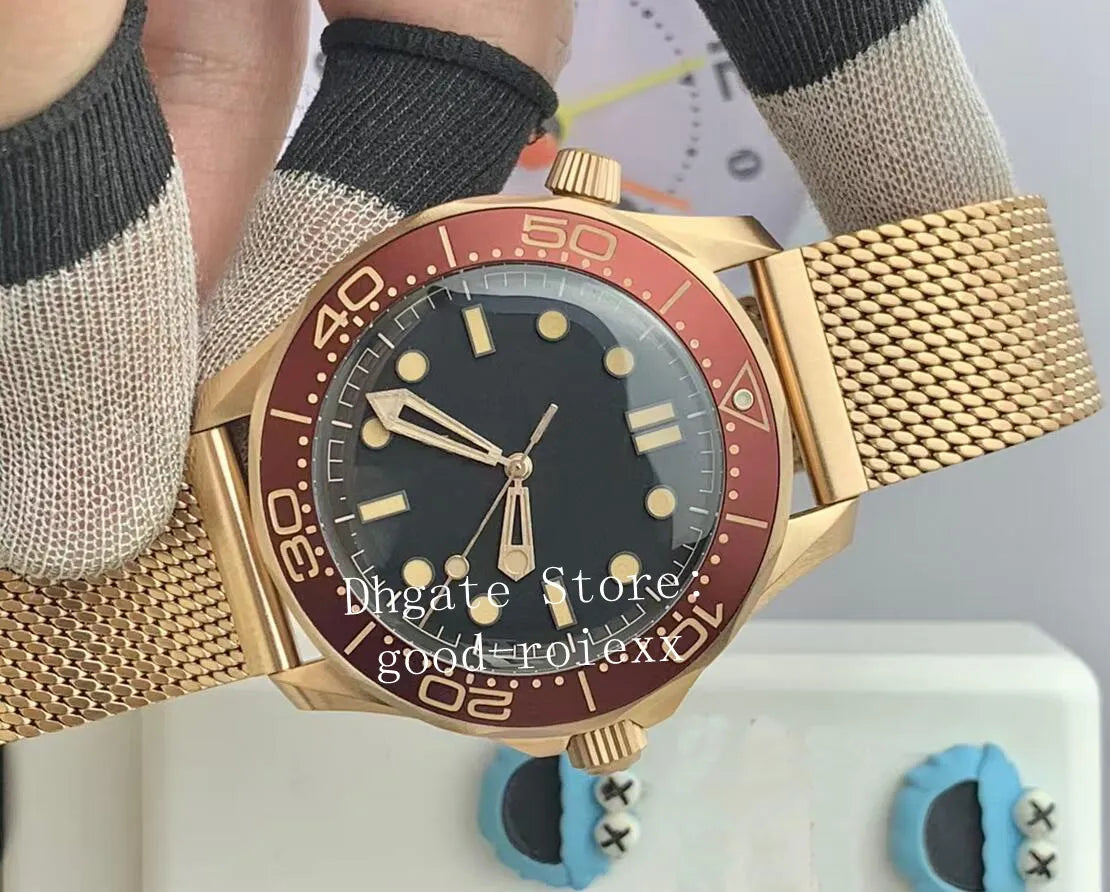 42Mm Men'S Bronze Watches Men Vsf Automatic Cal.8806 Movement Vs Aluminum Bezel Dial Watch Sbf Mesh Gold Burgundy Bracelet Diver 300M Luminous Wristwatches