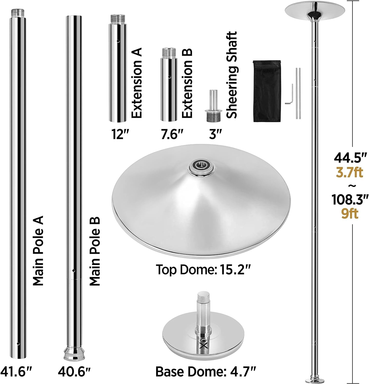 Dance Pole Spinning Static Dancing Pole Portable Removable for Home Club Bar Gym 44.5-108.3” Height Adjustable & Weight Capacity 500Lb, Silver/Gold