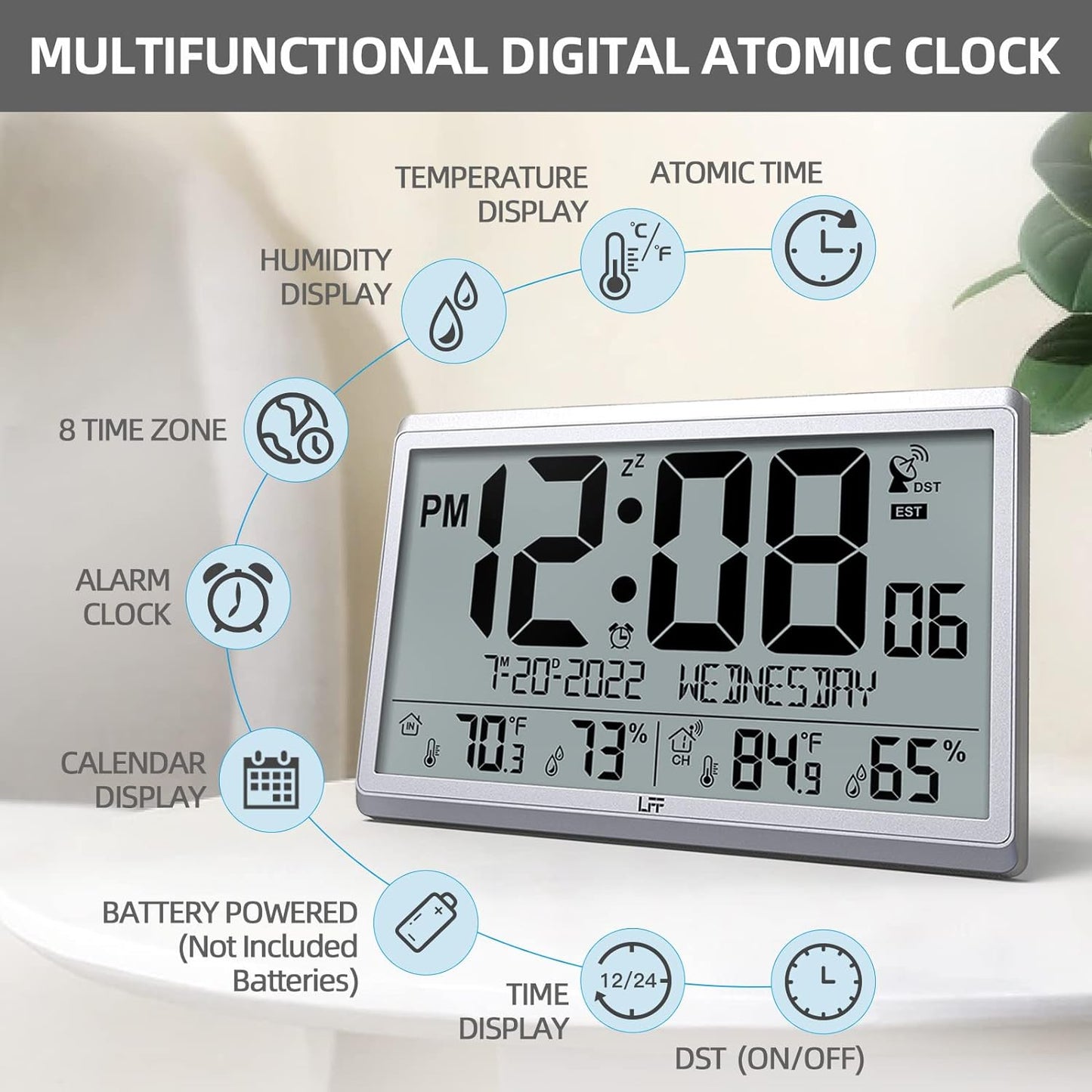 Atomic Clock/Never Needs Setting, Digital Wall Clock with Indoor Outdoor Temperature & Humidity, Battery Operated, Wireless Outdoor Sensor, Atomic Wall Clock with 4.5" Numbers Easy-To-Read