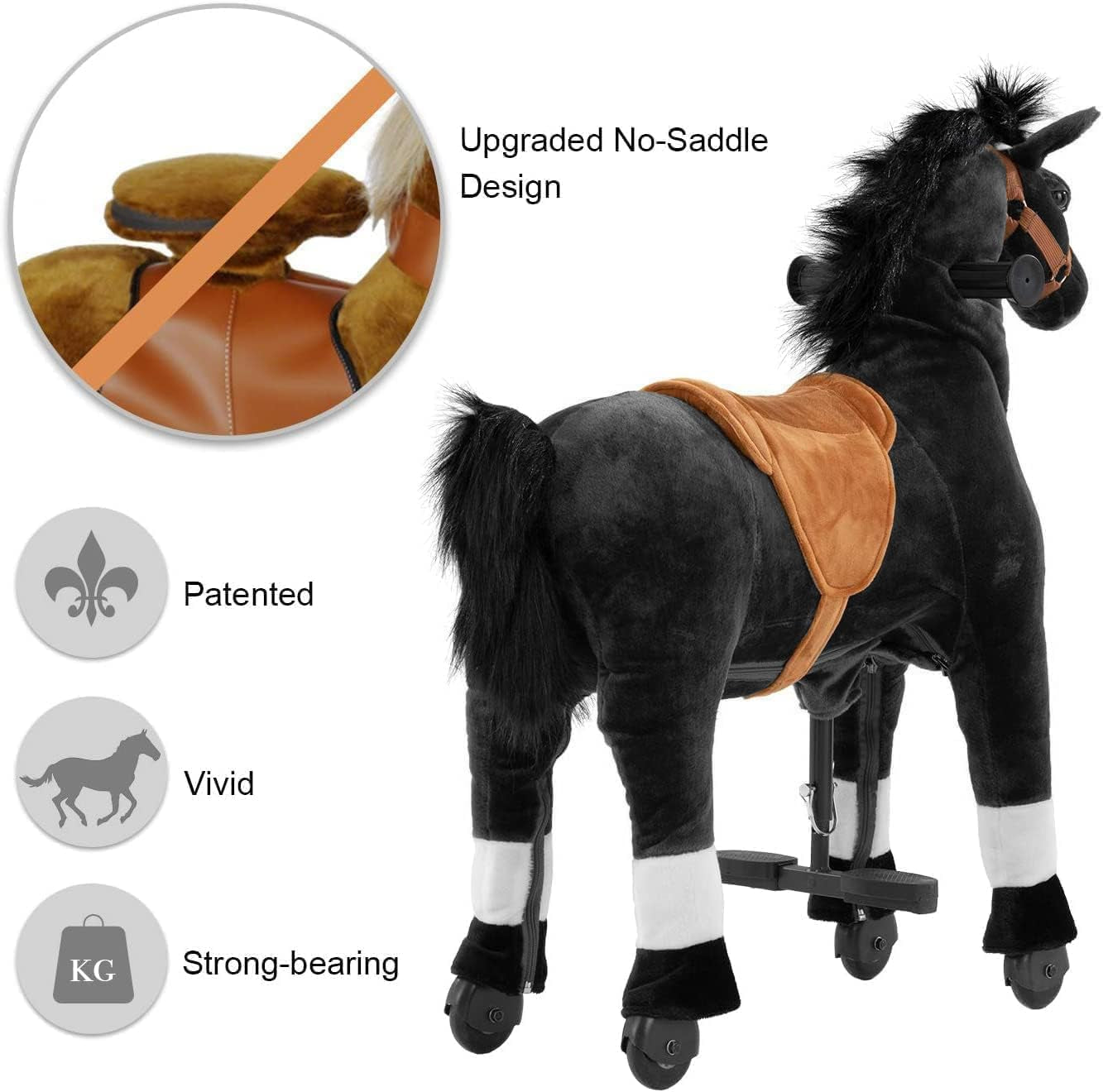 Ride on Horse for Kids, (41.33'' Height) Horse Ride on Toy, Riding Horse Rider Mechanical Walking Action Plush Animal for 7 Years Old to Adult, No Battery or Electricity, Max Load 187 LBS - BK