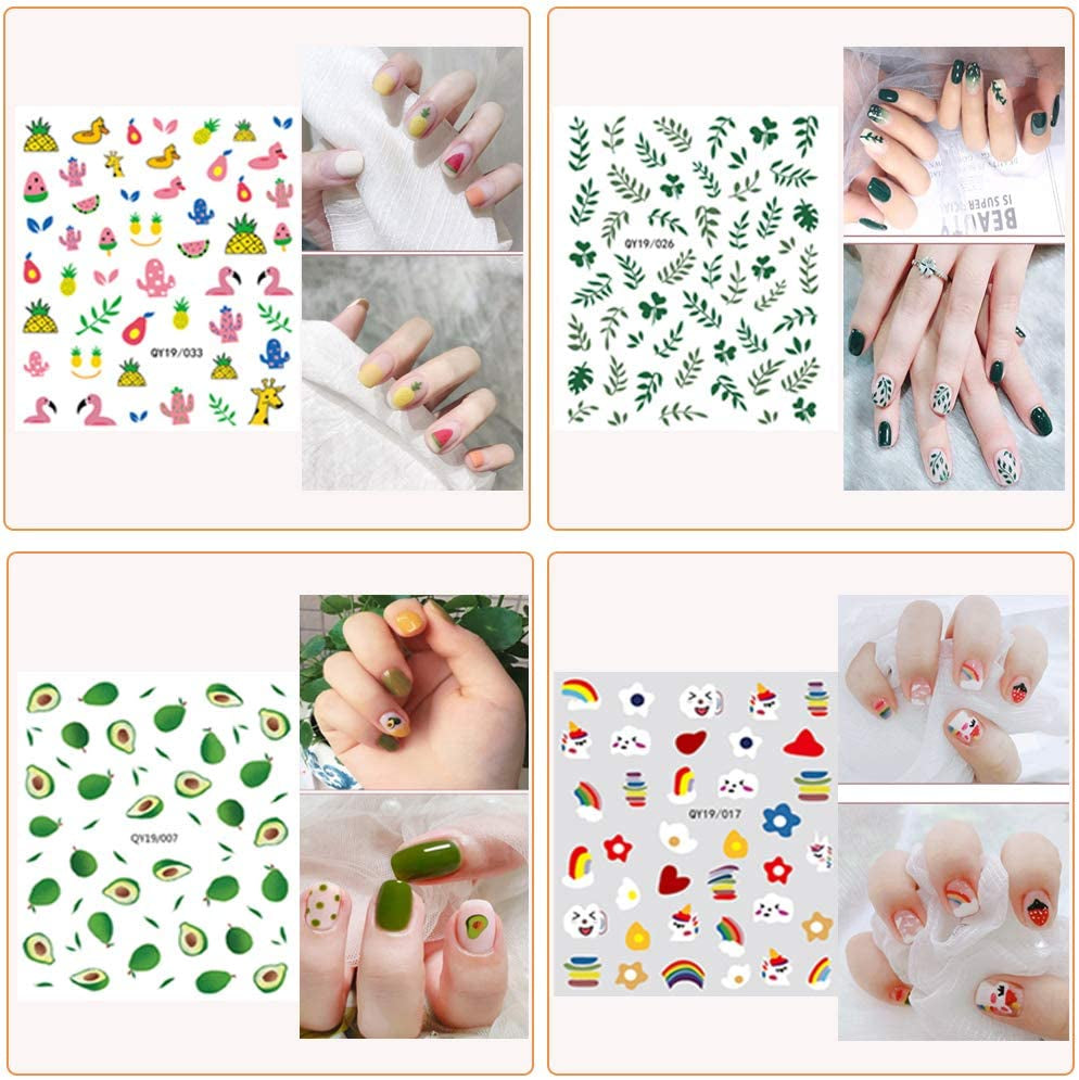 Nail Stickers for Women and Little Girls - 12 Sheets 3D Self-Adhesive DIY Nail Art Decoration Set Including Flowers Leaves Animals Plants Fruits Nail Decals for Woman Kids Girls