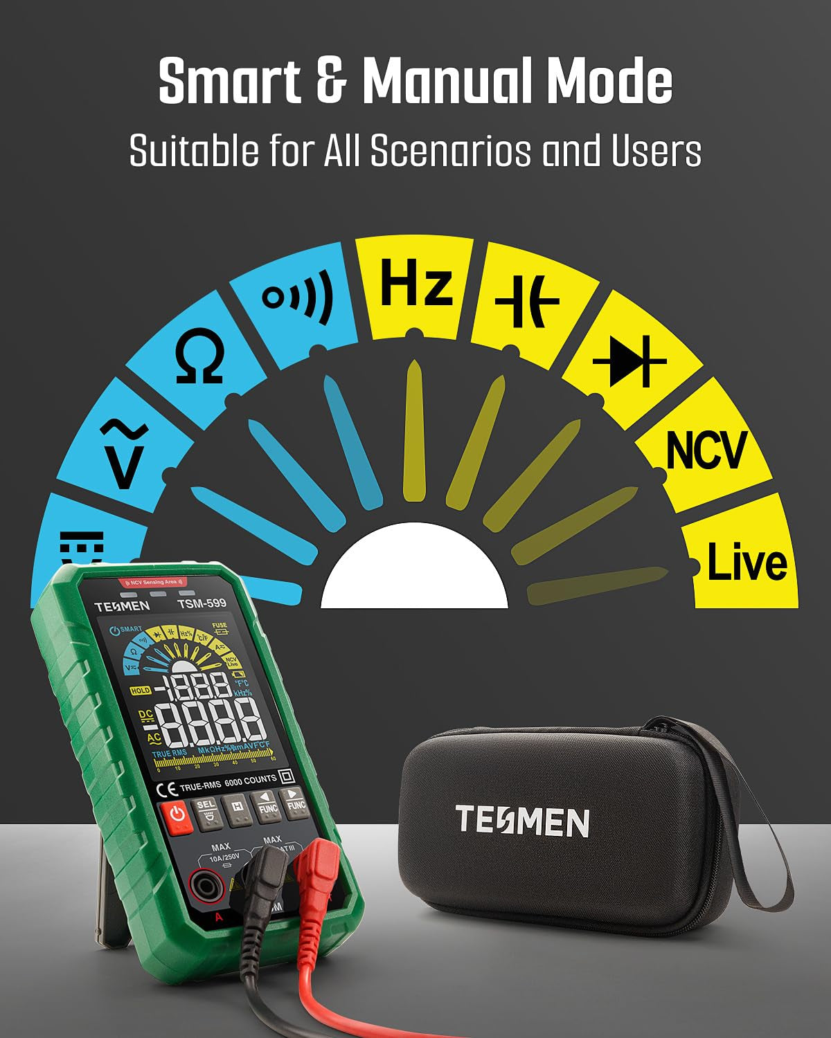 TSM-599 Smart Digital Multimeter, TRMS 6000 Counts, Voltage Tester, Volt Meter with NCV, DC/AC Voltage&Current, Resistance, Continuity, Diode, Capacitance, Hz%, Temperature, Live Wire - Green