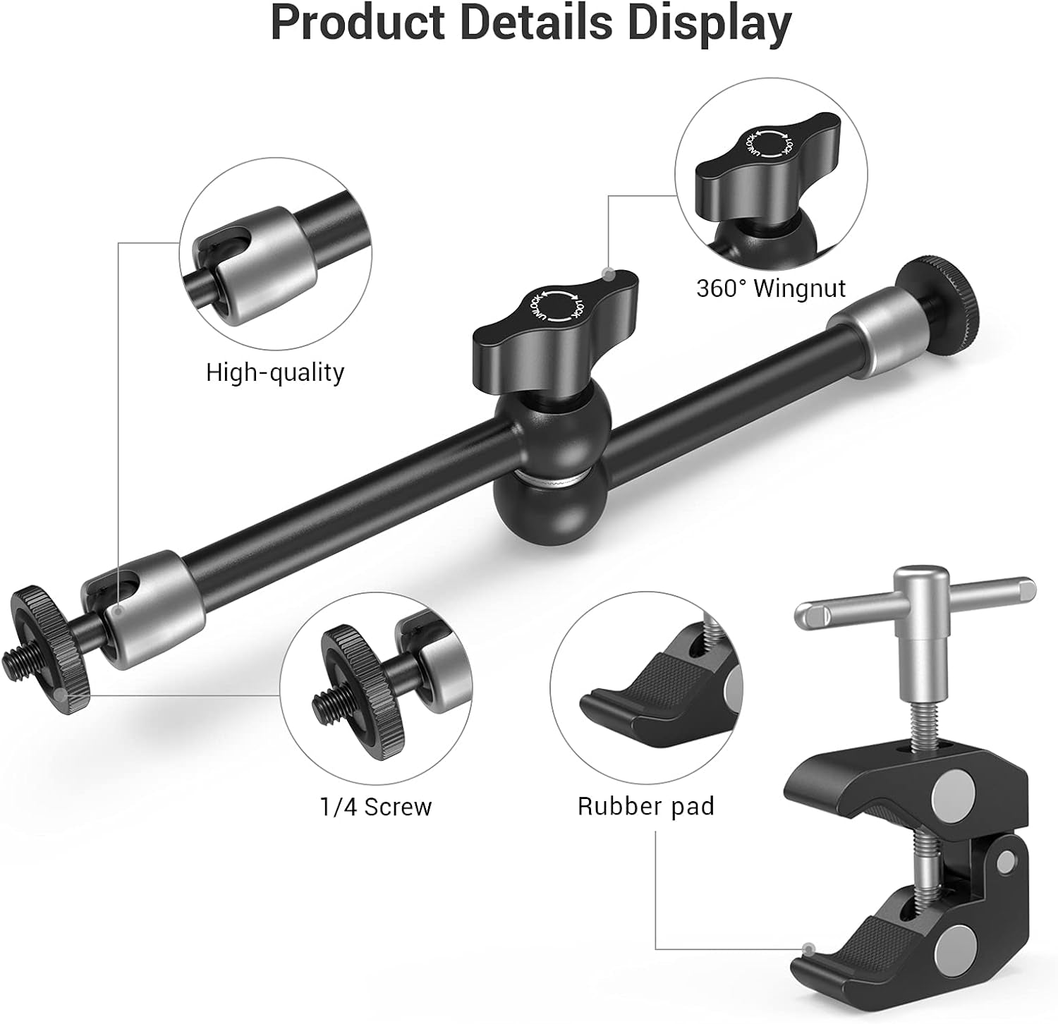 Clamp W/ 1/4" and 3/8" Thread and 9.8 Inches Adjustable Friction Power Articulating Magic Arm with 1/4" Thread Screw for LCD Monitor/Led Lights - KBUM2732B