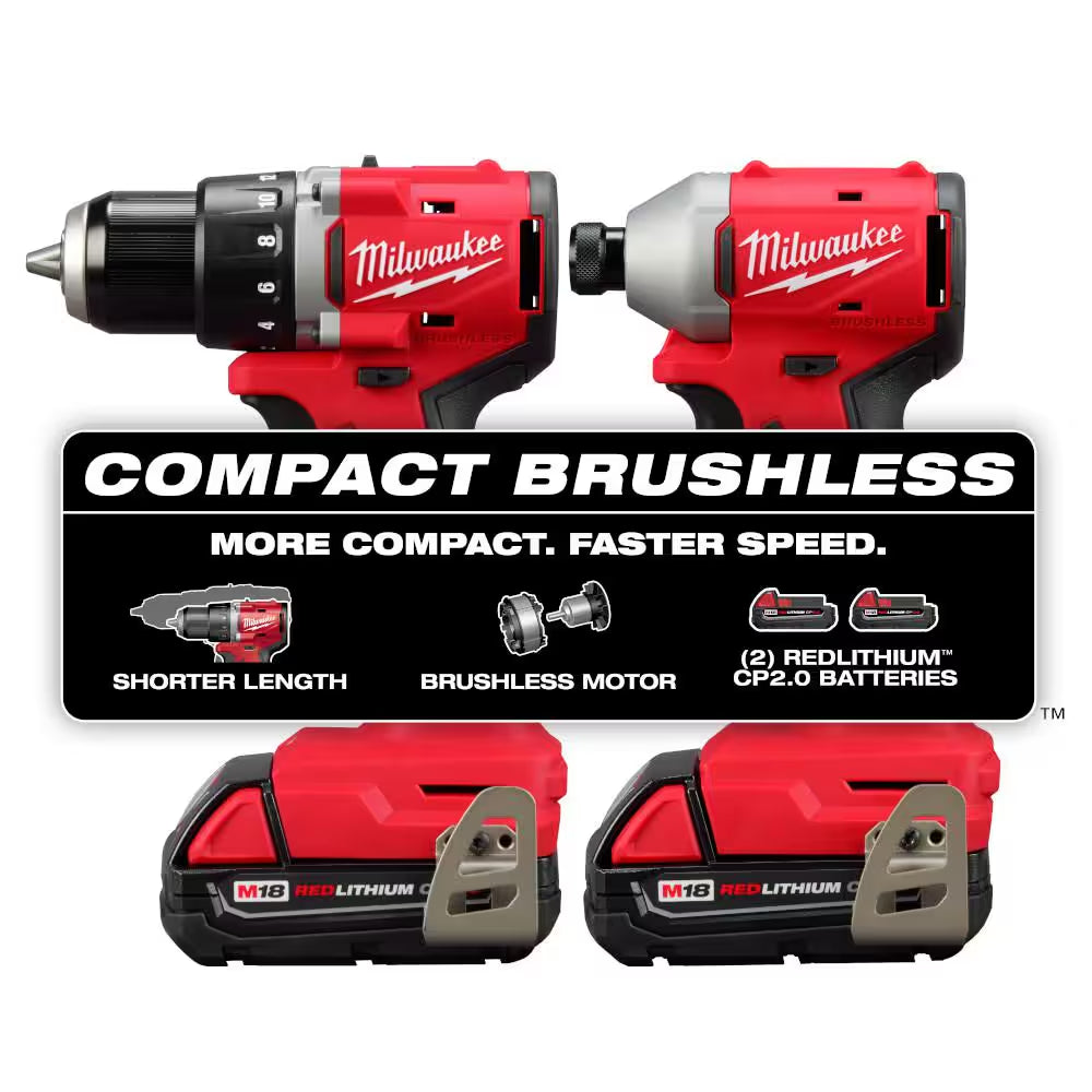 M18 18V Lithium-Ion Brushless Cordless Compact Drill/Impact Combo Kit (2-Tool) W/(2) 2.0 Ah Batteries, Charger & Bag