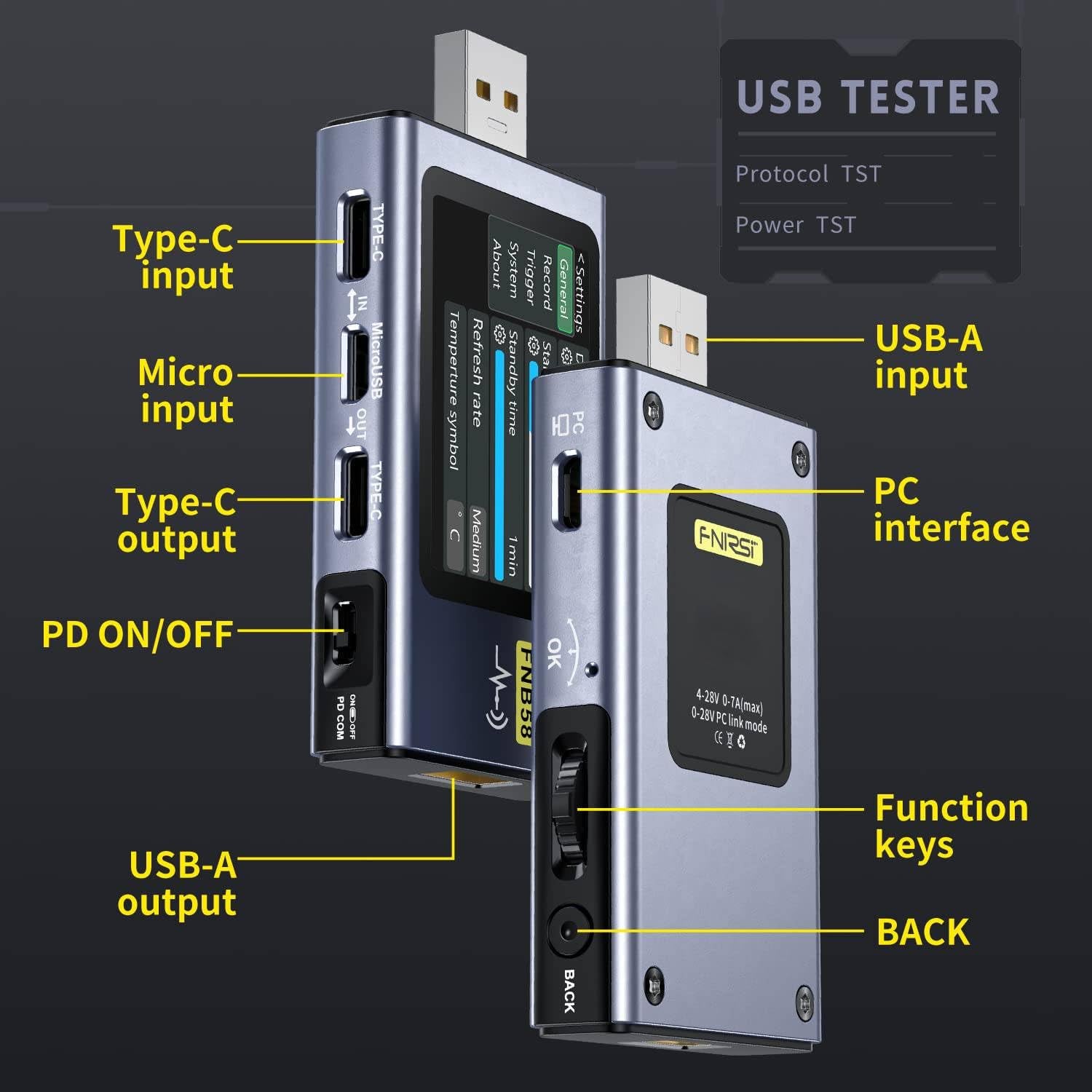 USB Tester 4-28V 7A LCD USB A&C Voltage Current Power Tester Multimeter, Fast Charge Detection Trigger Capacity Ripple Measurement, PD2.0/PD3.0,QC2.0/QC3.0