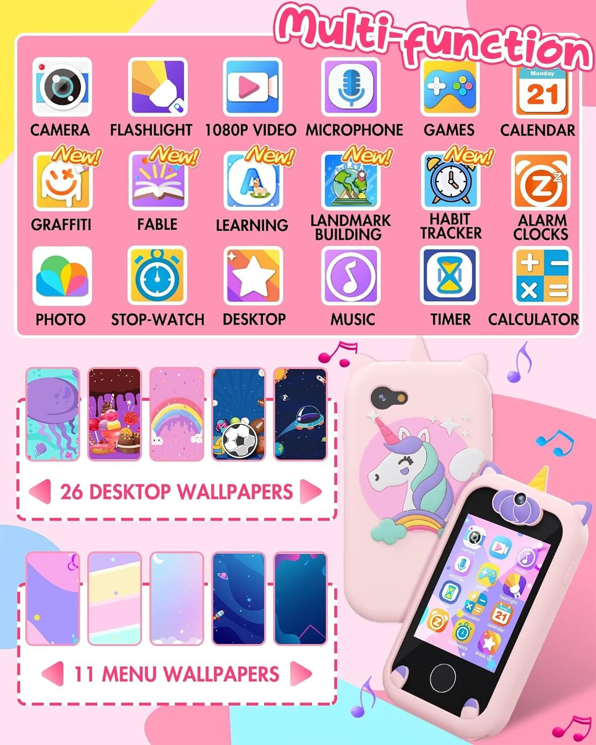 Kids Smart Phone for Girls Unicorns Gifts for Girls Toys 8-10 Years Old Phone Touchscreen Learning Toy Christmas Birthday Gifts for 3 4 5 6 7 8 9 Year Old Girls with 8G Memory Card