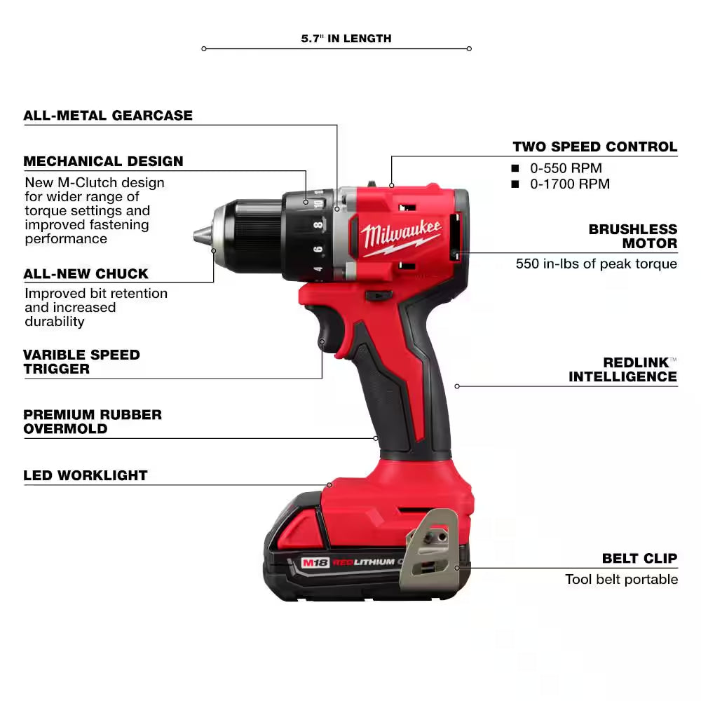 M18 18V Lithium-Ion Brushless Cordless Compact Drill/Impact Combo Kit (2-Tool) W/(2) 2.0 Ah Batteries, Charger & Bag