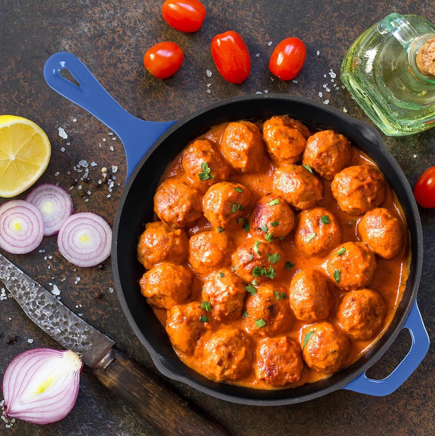 Saute Fry Pan - Chefs Pan, Pre-Seasoned Cast Iron Skillet - Frying Pan 12 Inch - Safe Grill Cookware for Indoor & Outdoor Use - Cast Iron Pan (Blue)