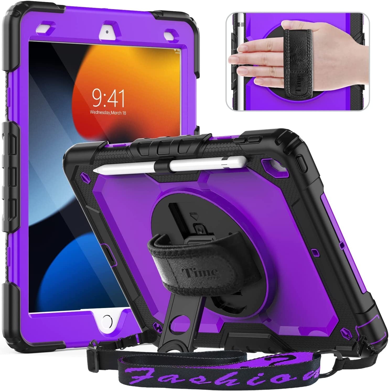 Case for Ipad 9Th/ 8Th/ 7Th Generation 10.2 Inch (Case for Ipad 9/8/ 7 Gen): with Strong Protection, Screen Protector, Hand/Shoulder Strap, Rotating Stand, Pencil Holder - Purple