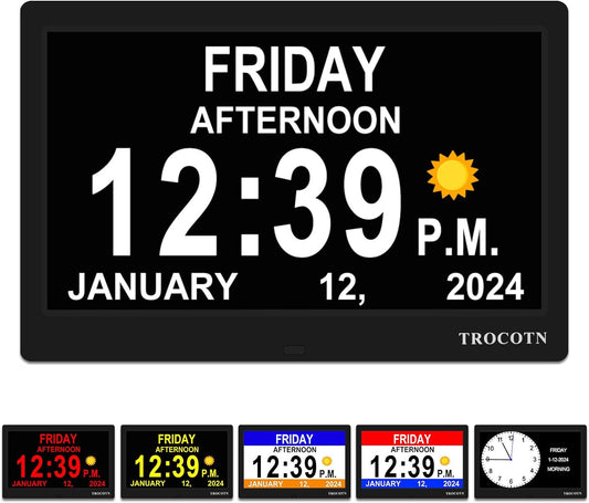 【Newest Dementia Clock Large Digital Clock for Seniors, Calendar Clock Large Display with Custom Alarms,Wall Clock with Day & Date, Alarm Clock,Desk Clock (10 Inch Black)