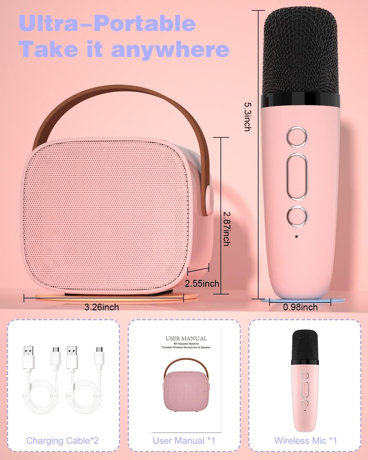 Mini Kids Karaoke Machine, Portable Bluetooth Speaker with Wireless Microphone, Christmas Kids Toys Gifts for Girls 4, 5, 6, 7, 8, 9, 10 +Year Old (Lightpink 1 Mic)