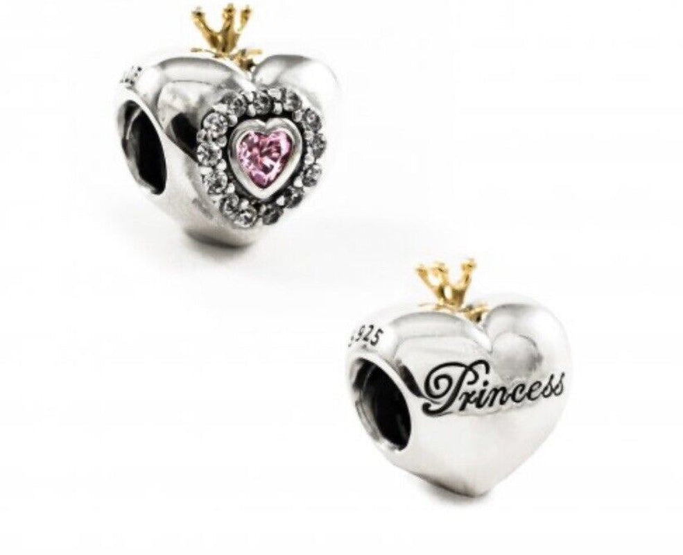 Authentic Pandora Silver & 14Kt Gold Princess Heart Charm W/ Gift Box V