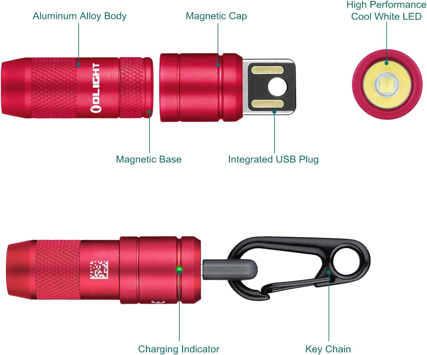 IMINI 2 EDC Rechargeable Keychain Flashlight, 50 Lumens Compact and Portable Mini LED Keyring Lights with Built-In Battery Ideal for Everyday Carry and Emergencies (Passionate Red)