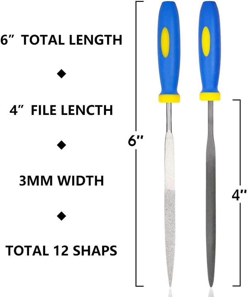 2 Sets Carbon Steel File and Diamond File(Total 12Pcs), Suitable for Metal, Wood, Jewelry, Model, DIY and Nearly All Uses, Packed in a Carry Bag.