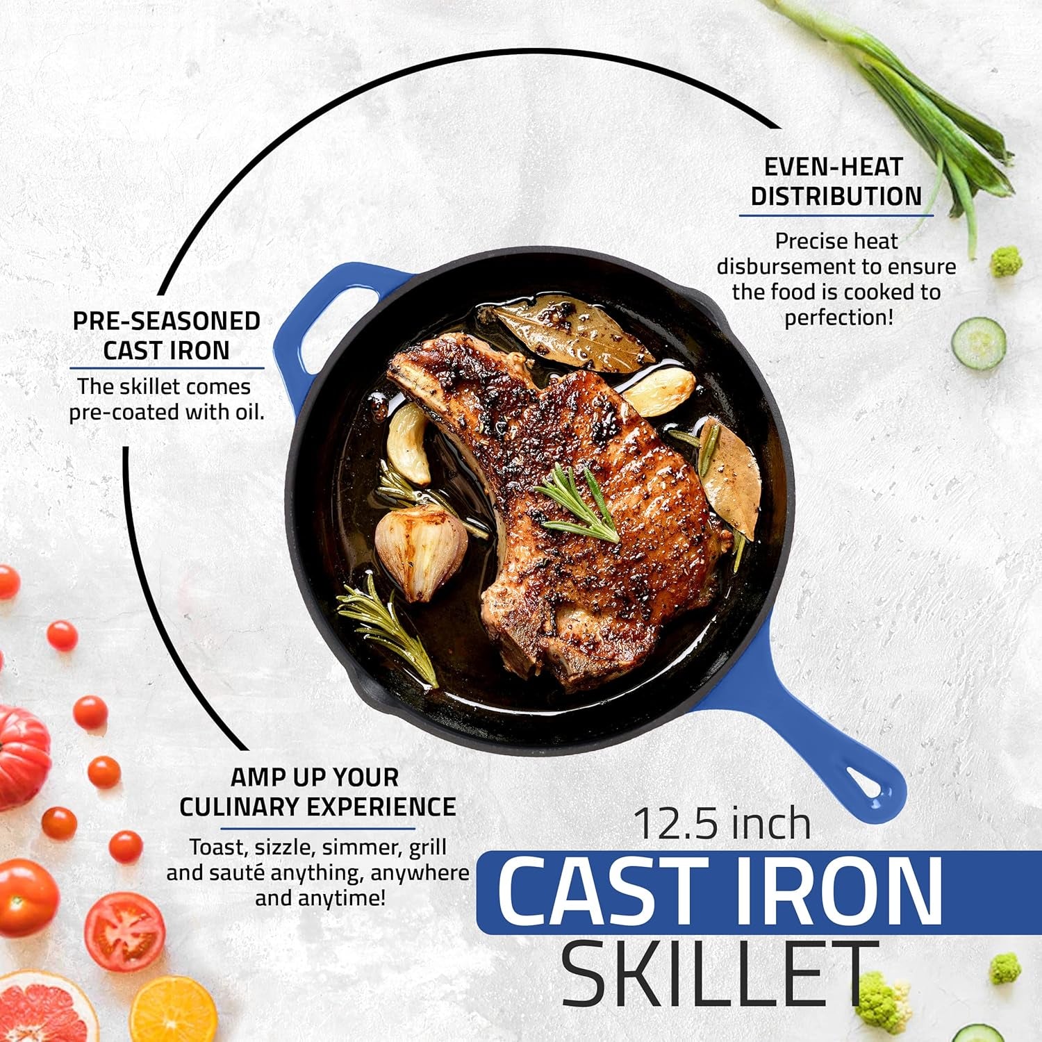 Saute Fry Pan - Chefs Pan, Pre-Seasoned Cast Iron Skillet - Frying Pan 12 Inch - Safe Grill Cookware for Indoor & Outdoor Use - Cast Iron Pan (Blue)