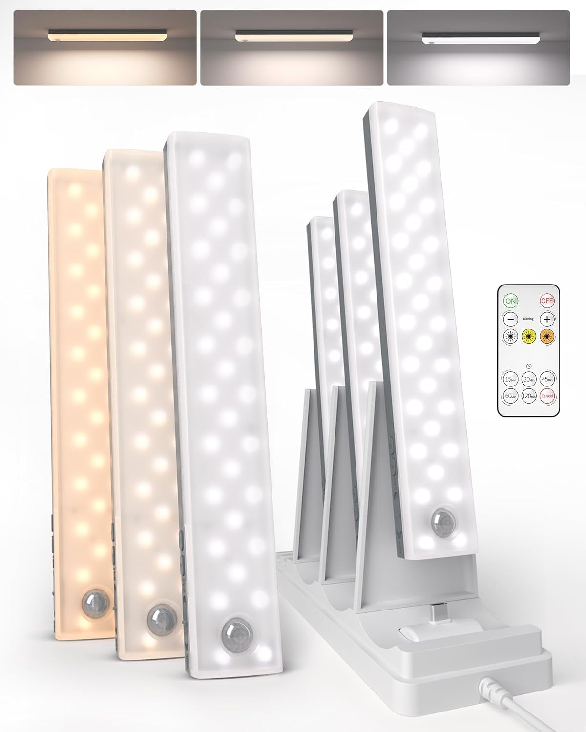 62LED under Cabinet Lighting with Charging Station 6 Pack, 2000Mah Rechargeable Battery Operated Motion Sensor Light, 3 Color Temps, Dimmable Wireless Closet Lights W/Remote for Kitchen, Pantry