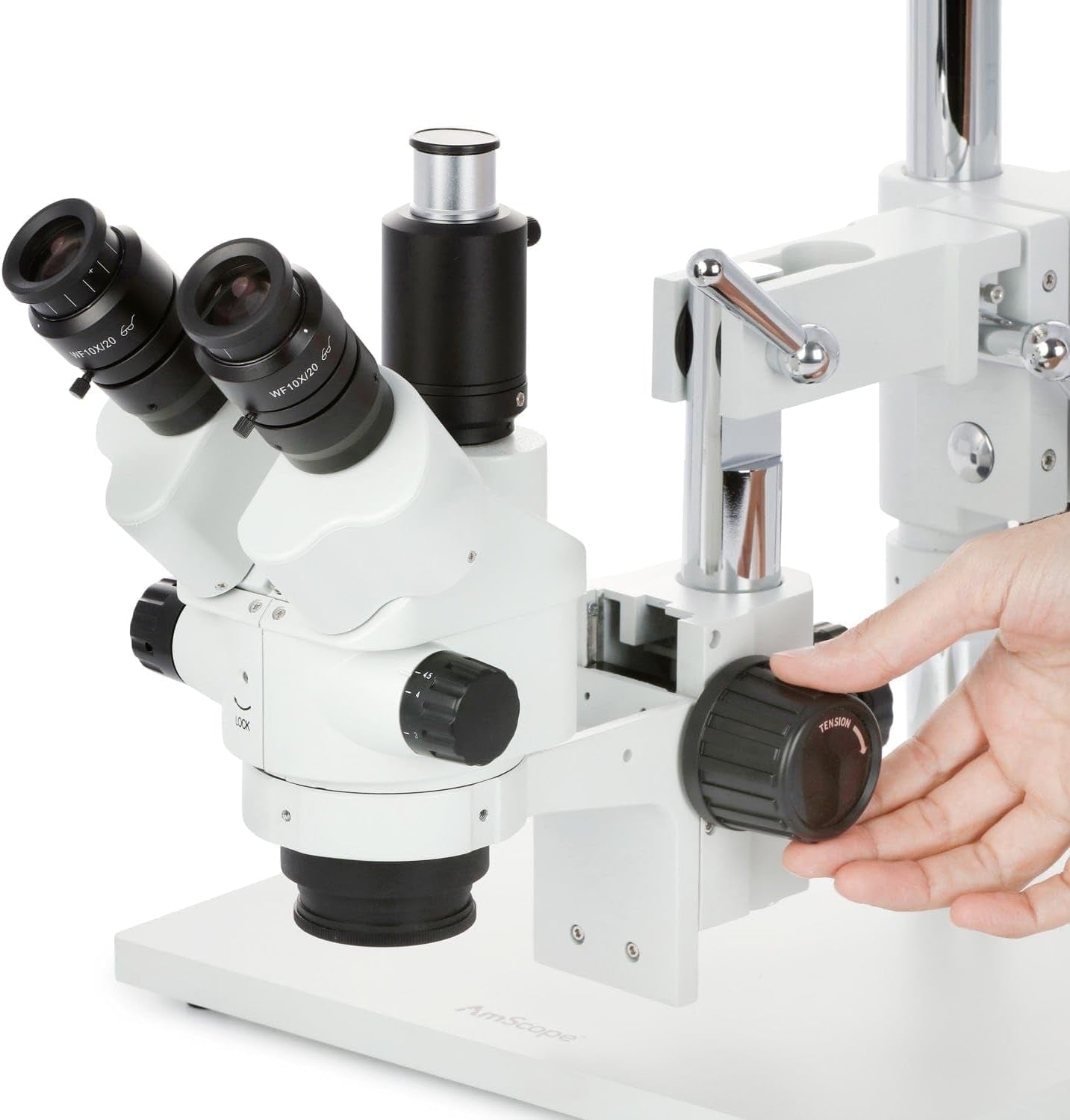 - SM-4NTP 7X-45X Simul-Focal Stereo Lockable Zoom Microscope on Dual Arm Boom Stand