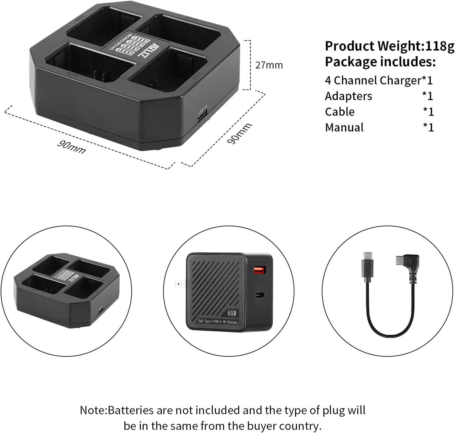 4-Channel Type C Fast Charging Station with PD 65W Quick Charger Adapter for Sony NP-FZ100 Batteries,Compatible with Sony A9 A7III A7RIII Cameras,With LCD Display (Kit)