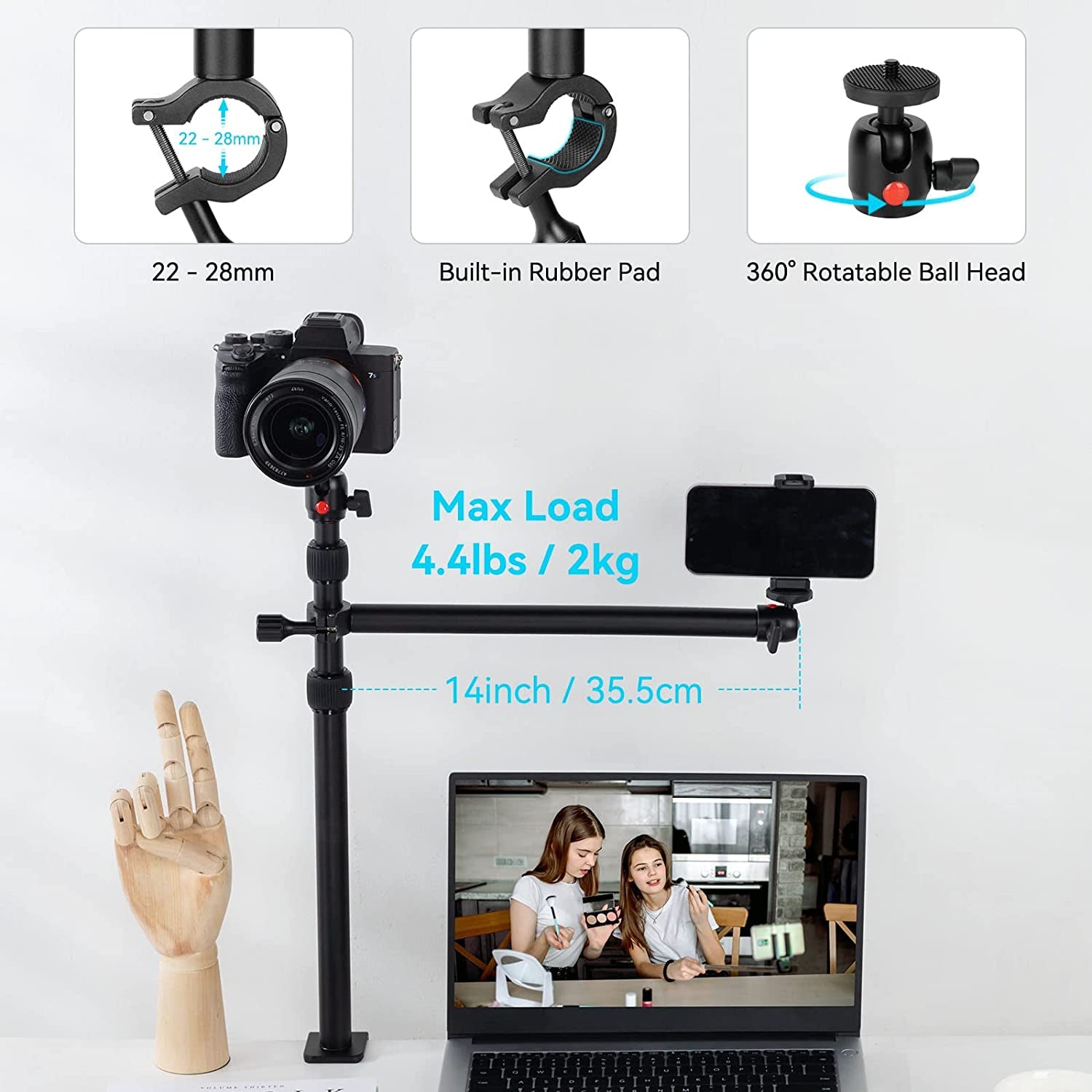 Camera Desk Mount Table Stand with Magic Arm and 1/4" Ball Head, 13"-35.4" Adjustable Light Stand, Tabletop C Clamp for DSLR Camera, Ring Light, Live Streaming, Photo Video Shooting - 3992