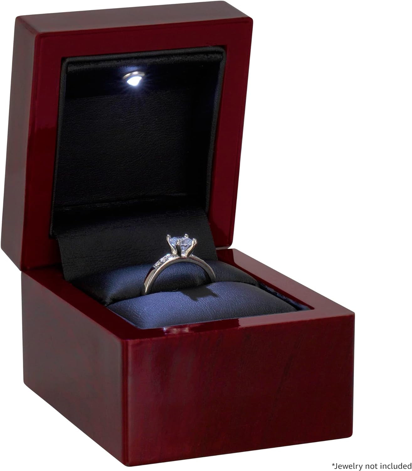 Cherry Ring Box with Light - Unique LED Engagement Ring Box for Proposal Ring or Special Occasions (Mahogany/Black Insert)