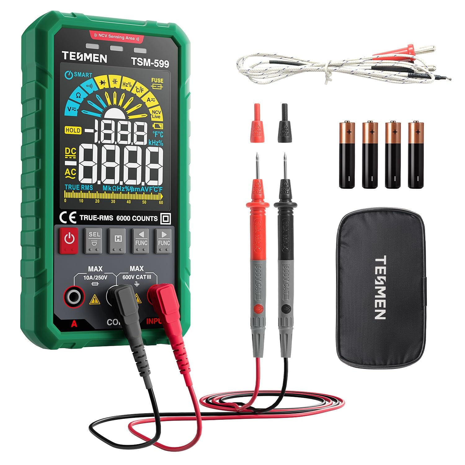 TSM-599 Smart Digital Multimeter, TRMS 6000 Counts, Voltage Tester, Volt Meter with NCV, DC/AC Voltage&Current, Resistance, Continuity, Diode, Capacitance, Hz%, Temperature, Live Wire - Green