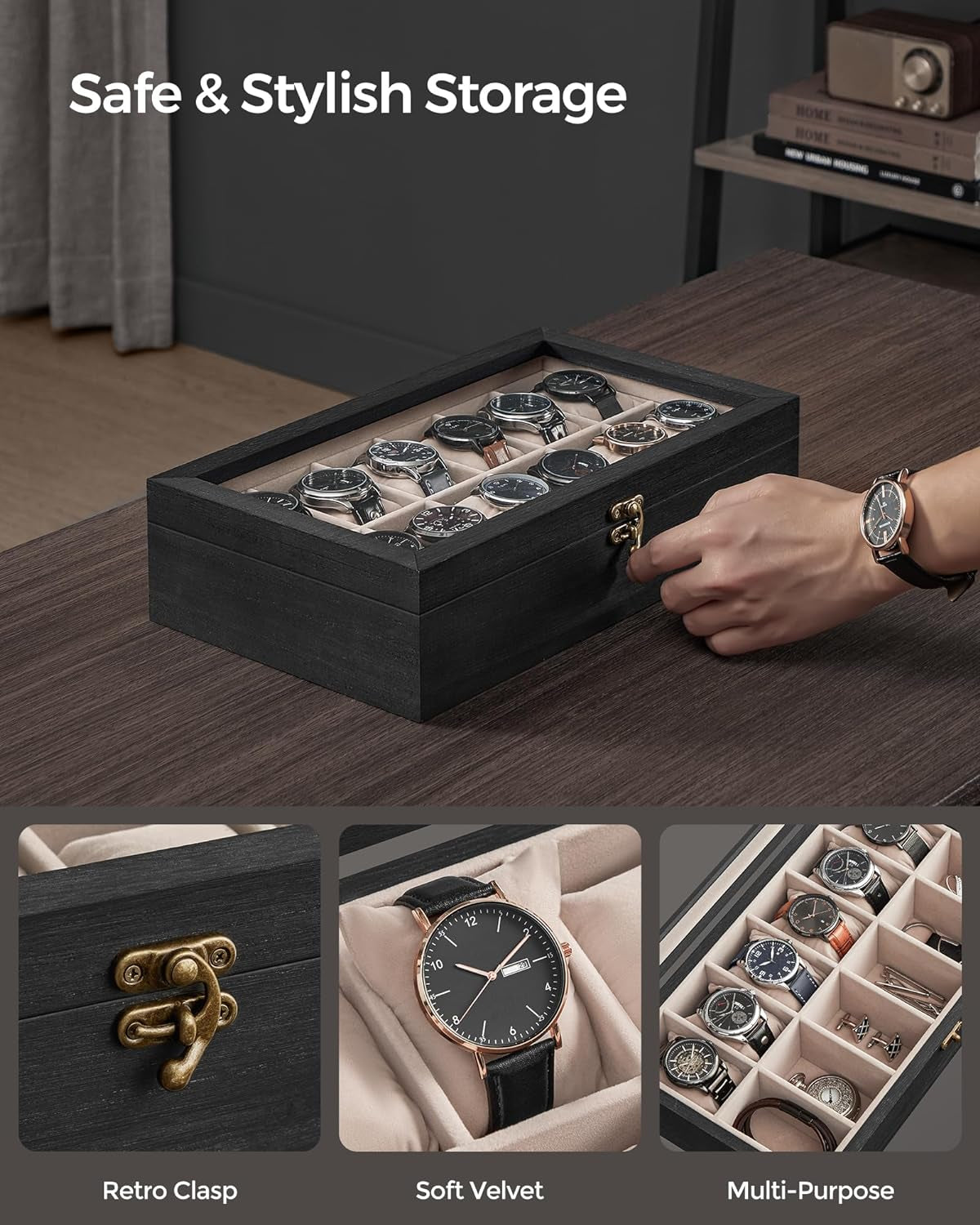 Watch Box, 12-Slot Watch Case, Solid Wood Watch Box Organizer with Glass Lid, Watch Display Case with Removable Pillows, Gift for Loved Ones, Ebony Black UJOW120B01