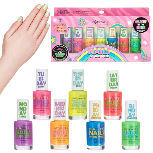 7Pc Nails of the Week Kit - Colorful Nail Polish Set for Girls - Assorted Glow in the Dark Nail Polishes, Water-Based Nail Polish, Safe and Non Toxic Manicure Set & Pedicure Kit