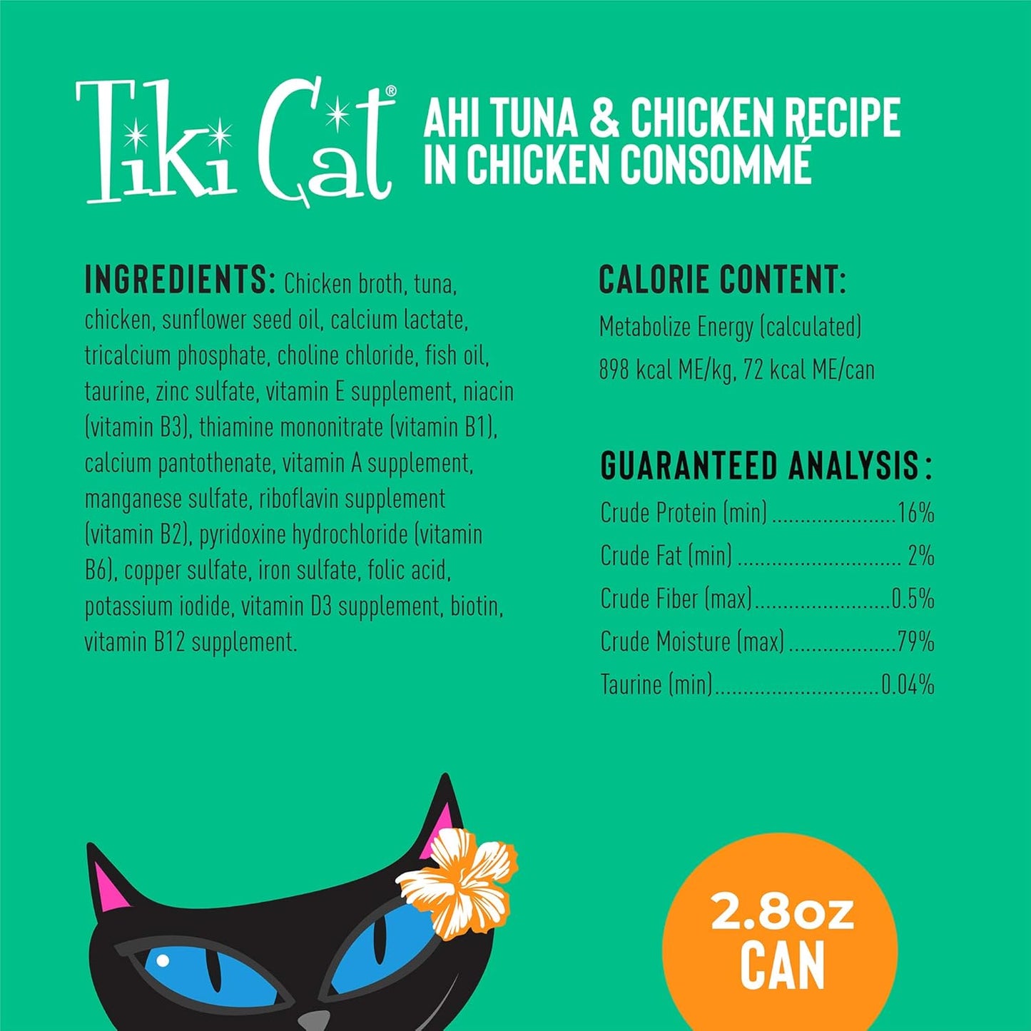 Tiki Cat Luau Shredded Meat, Ahi Tuna & Chicken Recipe in Chicken Consumme, Grain-Free Balanced Nutrition Wet Canned Cat Food, for All Life Stages, 2.8 Oz. Cans (Pack of 12)