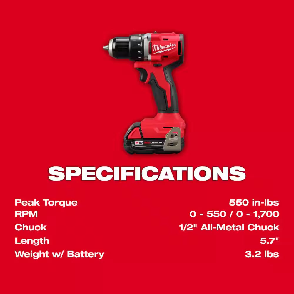 M18 18V Lithium-Ion Brushless Cordless Compact Drill/Impact Combo Kit (2-Tool) W/(2) 2.0 Ah Batteries, Charger & Bag