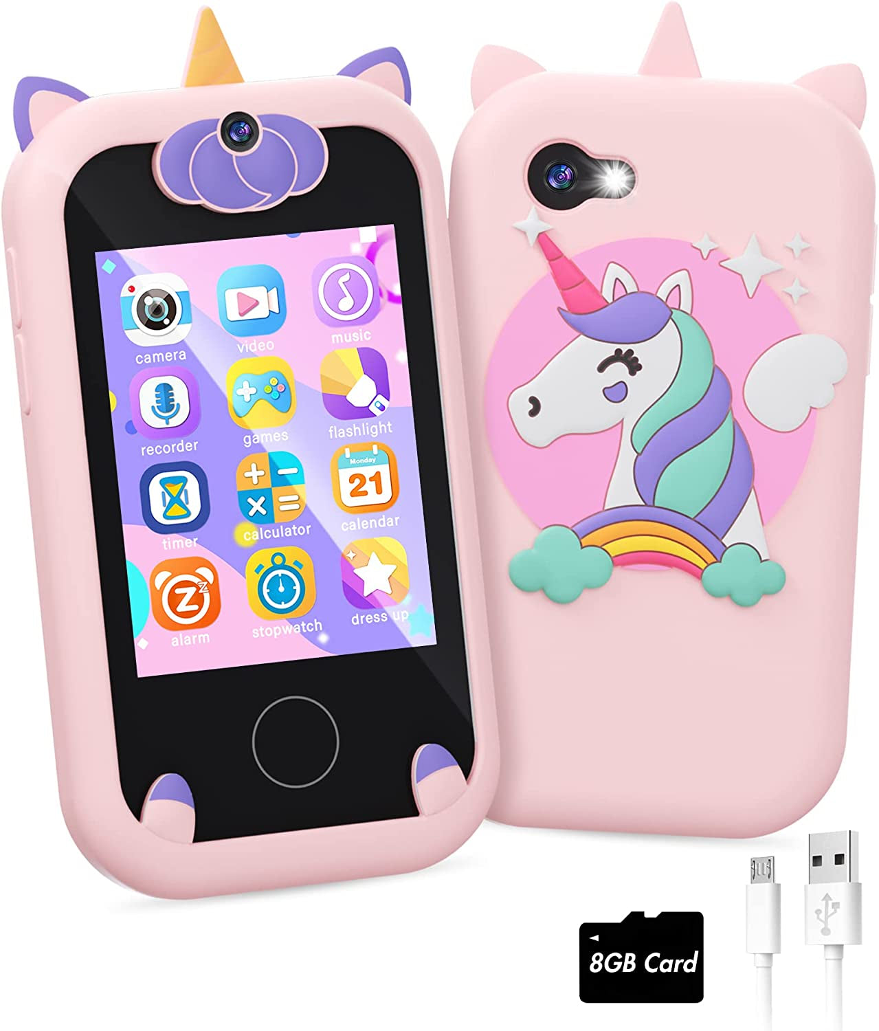 Kids Smart Phone for Girls Unicorns Gifts for Girls Toys 8-10 Years Old Phone Touchscreen Learning Toy Christmas Birthday Gifts for 3 4 5 6 7 8 9 Year Old Girls with 8G Memory Card