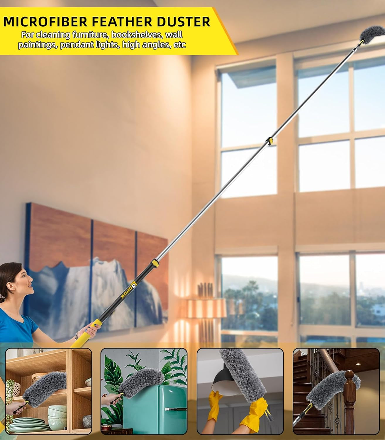 20 Foot High Ceiling Duster Kits with 5-12Ft Heavy Duty Extension Pole, High Reach Duster for Cleaning,Microfiber Feather Duster,Cobweb Duster,Ceiling Fan Duster,Window Squeegee & Cleaner