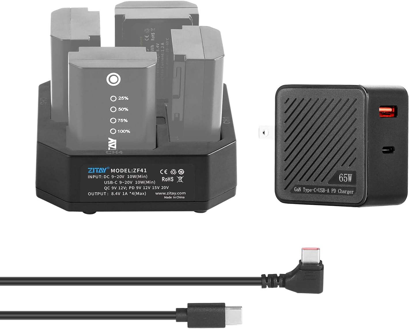 4-Channel Type C Fast Charging Station with PD 65W Quick Charger Adapter for Sony NP-FZ100 Batteries,Compatible with Sony A9 A7III A7RIII Cameras,With LCD Display (Kit)