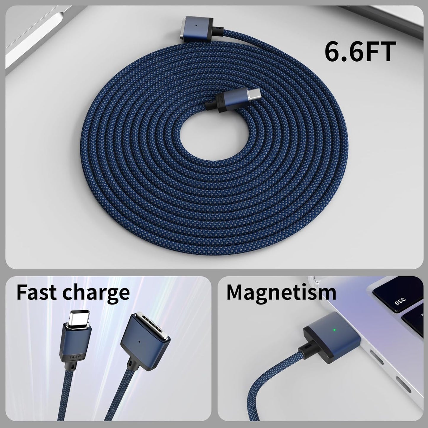 USB-C to Magnetic 3 Cable Compatible with Magsafe Charging Cable for 14” 16” Macbook Pro 2024 M3 Pro & Max, Macbook Air 2022 M2, Macbook Pro 2023 M2 Pro & Max - 6.6Ft