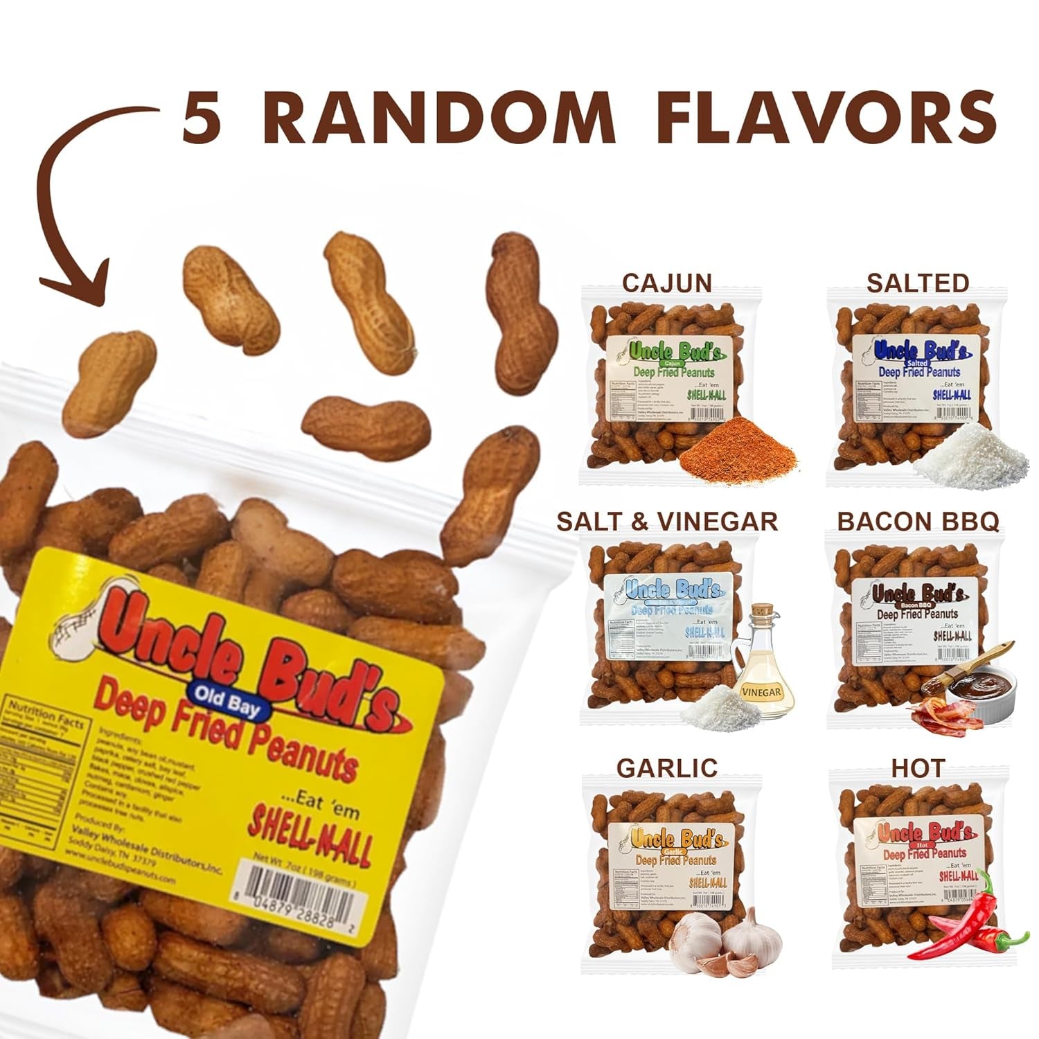 Uncle Bud'S Deep Fried Peanuts in Shell (5 Pack), Peanuts Individual Packs: Salted, Cajun, Garlic, Hot, Old Bay, Bacon BBQ, Crunchy Flavored Peanut Variety Pack, Spicy Peanuts, Hot Peanuts in Shell