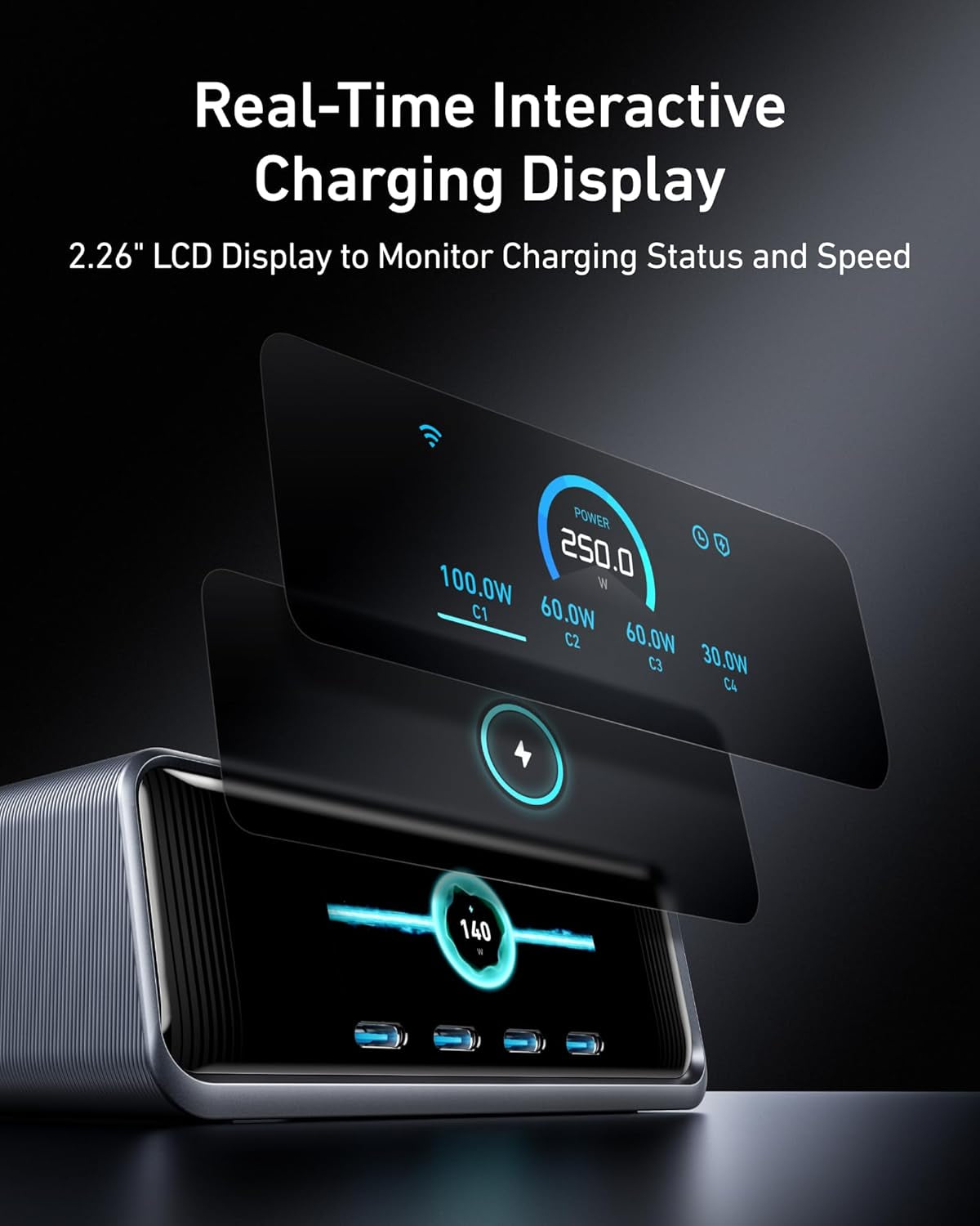 Prime Charger, 250W Gan Prime USB C Charging Station, Ultra-Fast 6-Port, 2.26" LCD Display and Smart Control Dial, Compatible with Macbook Pro/Air, Iphone 16/15/14, Galaxy, and More (Silver)