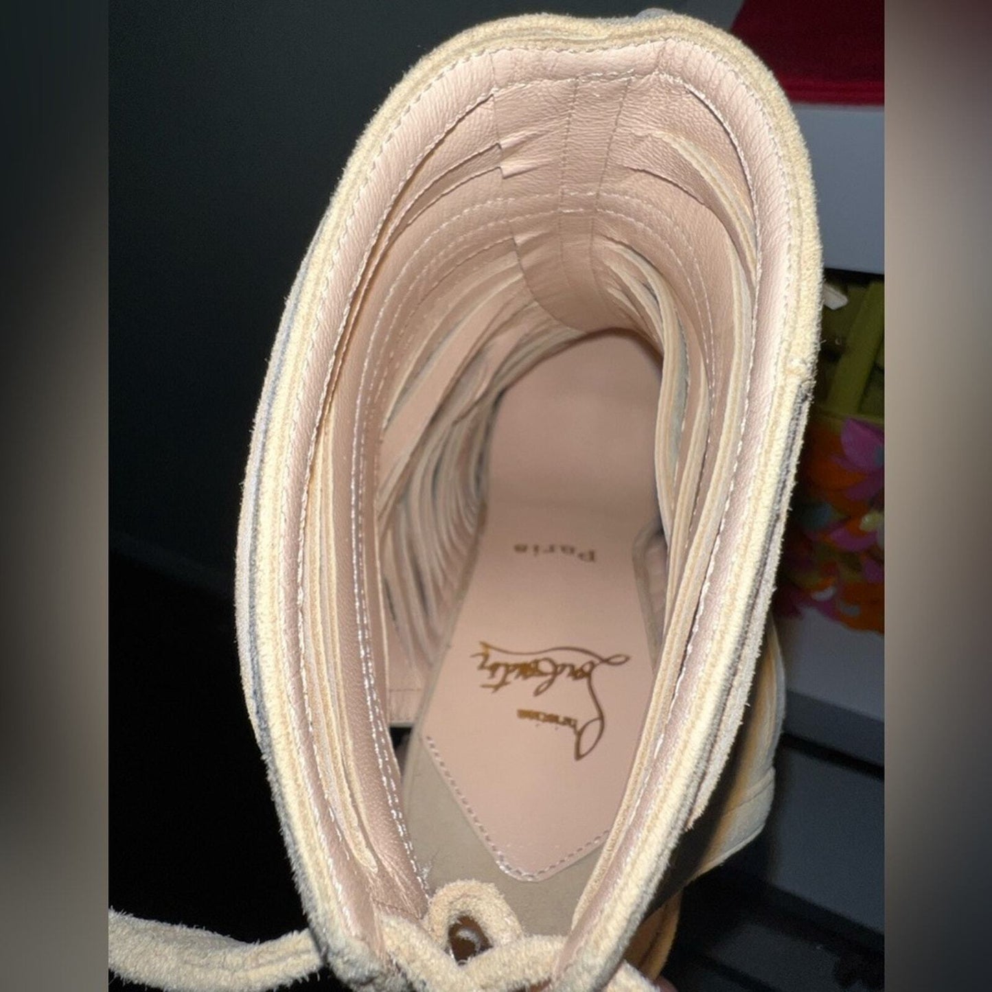 Christian Louboutin Tan Suede Beautiful Fringe Lace-Up Heels, Size 37 1/2. NWOT