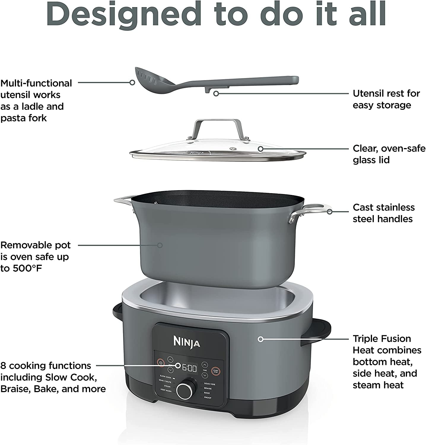 MC1001 Foodi Possiblecooker PRO 8.5 Quart Multi-Cooker, with 8-In-1 Slow Cooker, Dutch Oven, Steamer, Glass Lid Integrated Spoon, Nonstick, Oven Safe Pot to 500°F, Sea Salt Gray