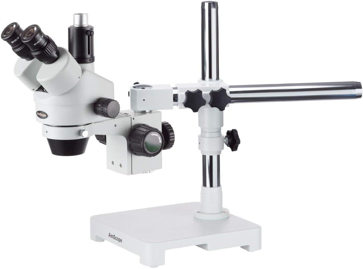 SM-3T Professional Trinocular Stereo Zoom Microscope, Wh10X Eyepieces, 7X-45X Magnification, 0.7X-4.5X Zoom Objective, Ambient Lighting, Single-Arm Boom Stand