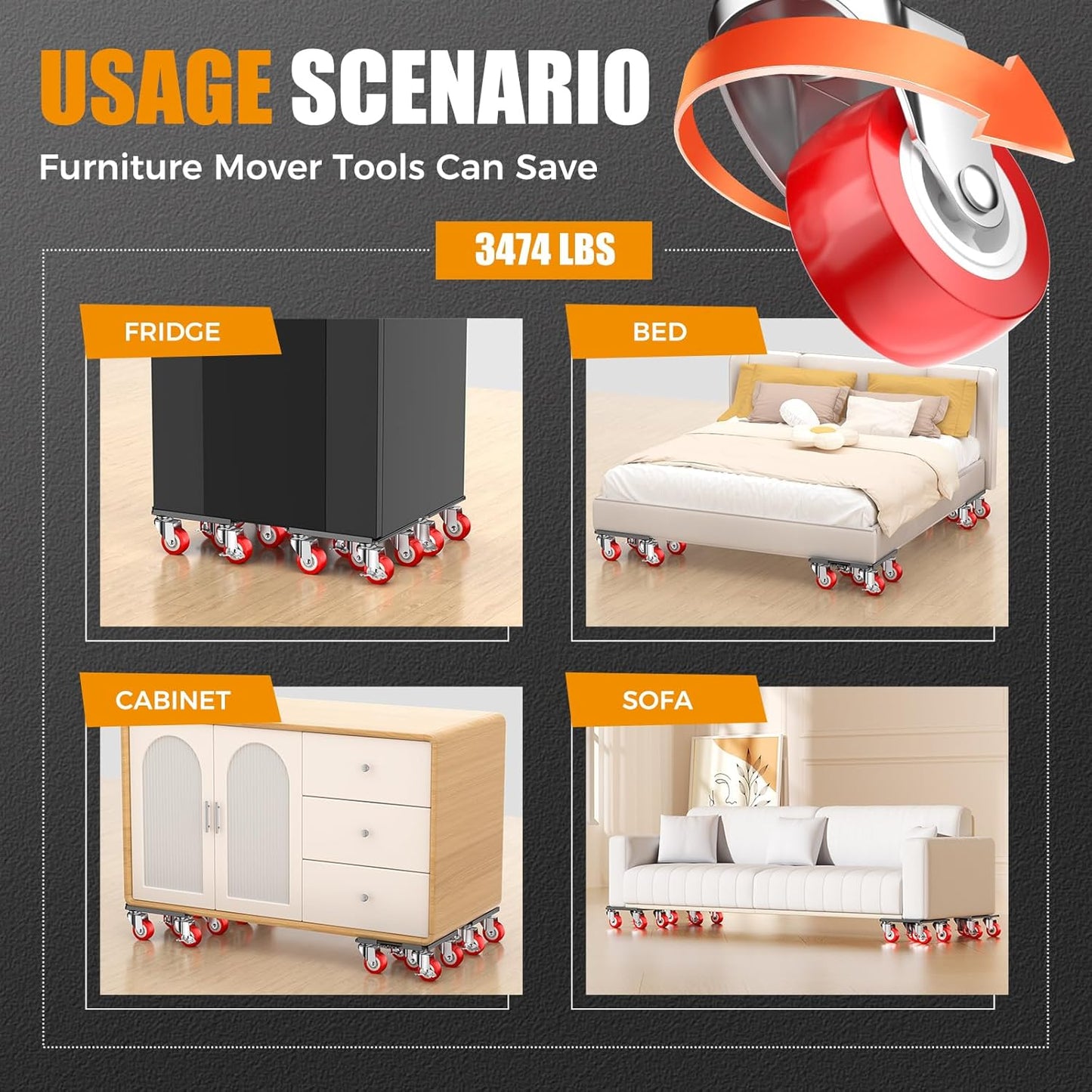 Furniture Dolly,Furniture Mover Pro Set,Furniture Lifter with 5 360° Rotatable Rubber Universal Wheels，Carbon Steel Panel Furniture Movers，Maximum Load 3307Lbs.Red.