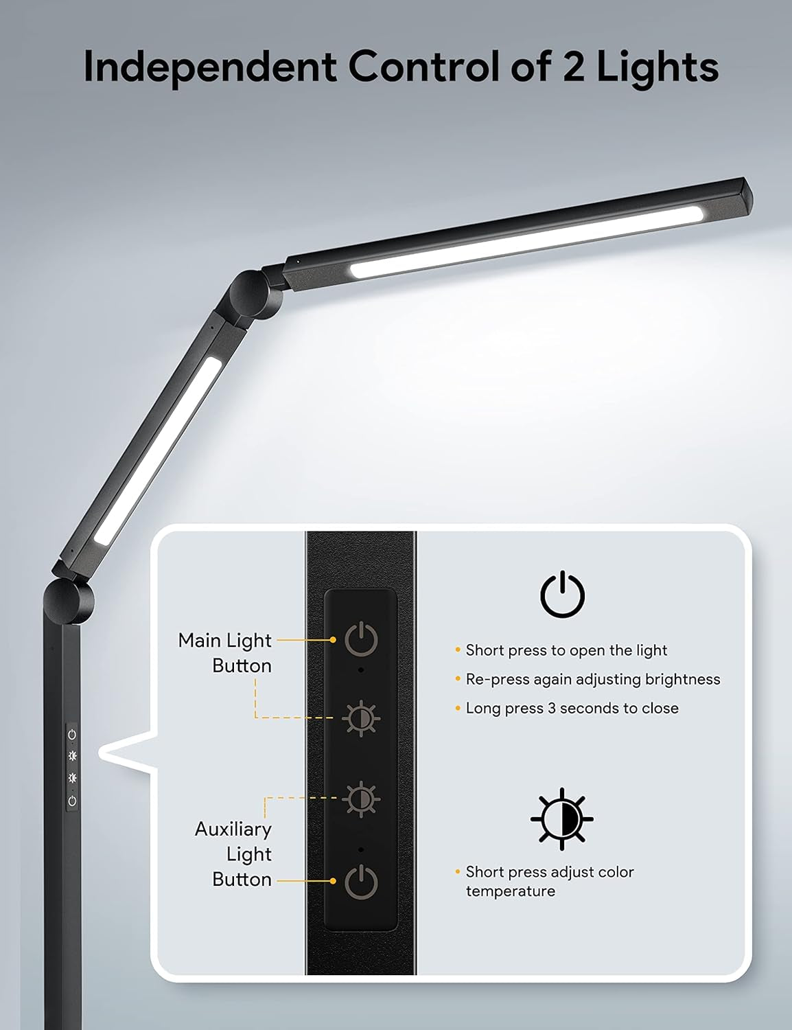 LED Desk Lamp with Clamp, Dual Light Desk Lamp with Swing Arm, 4 Color Modes & 4 Brightness Metal Table Lamp, Eye-Caring Clip-On Lamp with Memory Function for Home Office Work Study