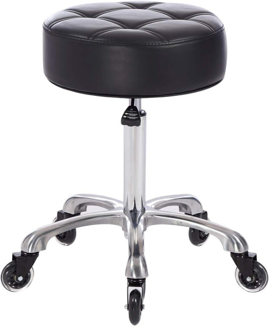 Rolling Salon Stool with Wider round Seat- Height Adjustable Heavy-Duty Chair with Wheels for Salon Esthetician and Home Office Use (With Soft Wheels, Black)