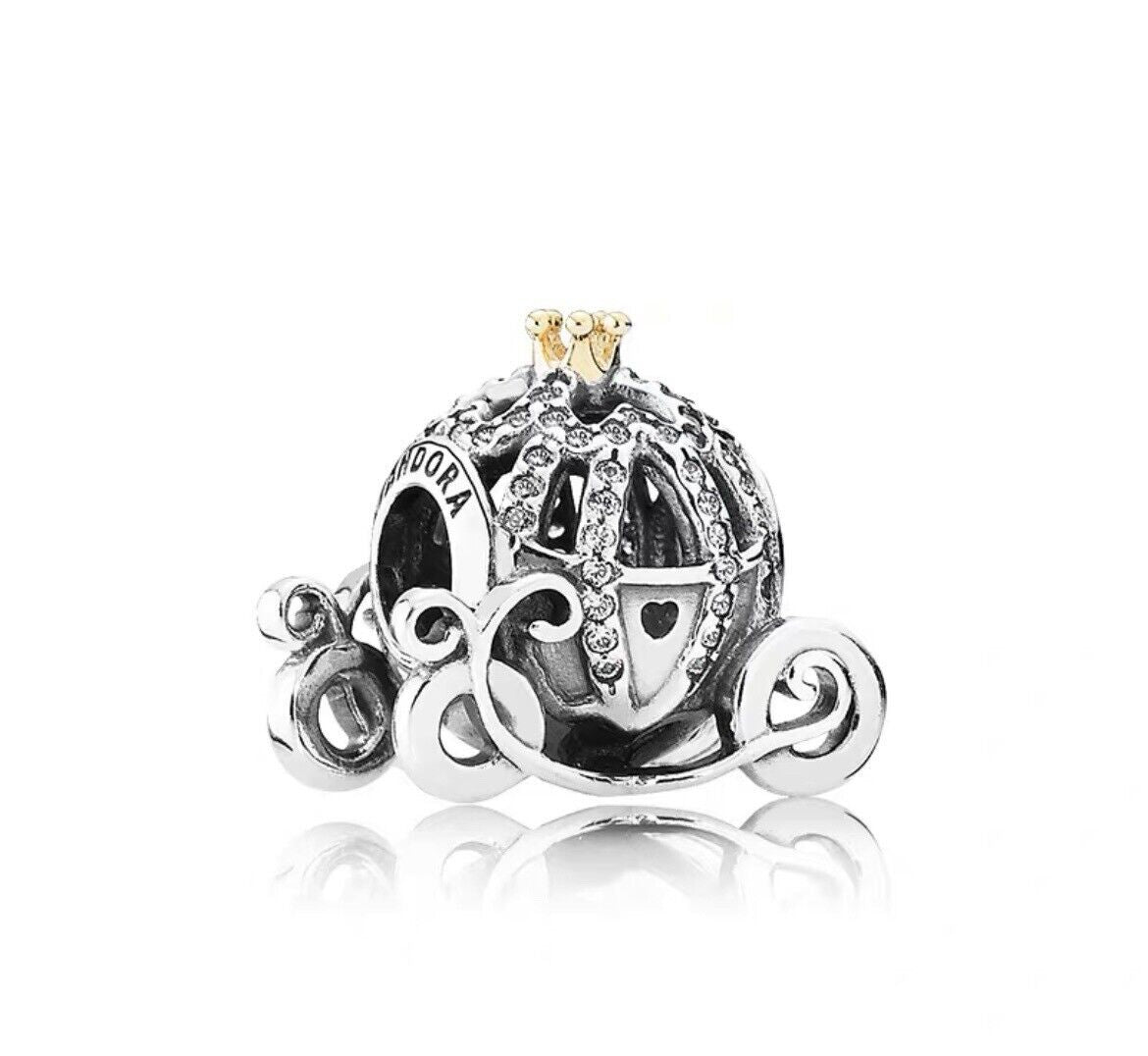 Authentic PANDORA Silver Cinderella Sparkling Carriage🎃 Charm💗 Flannelette Bag