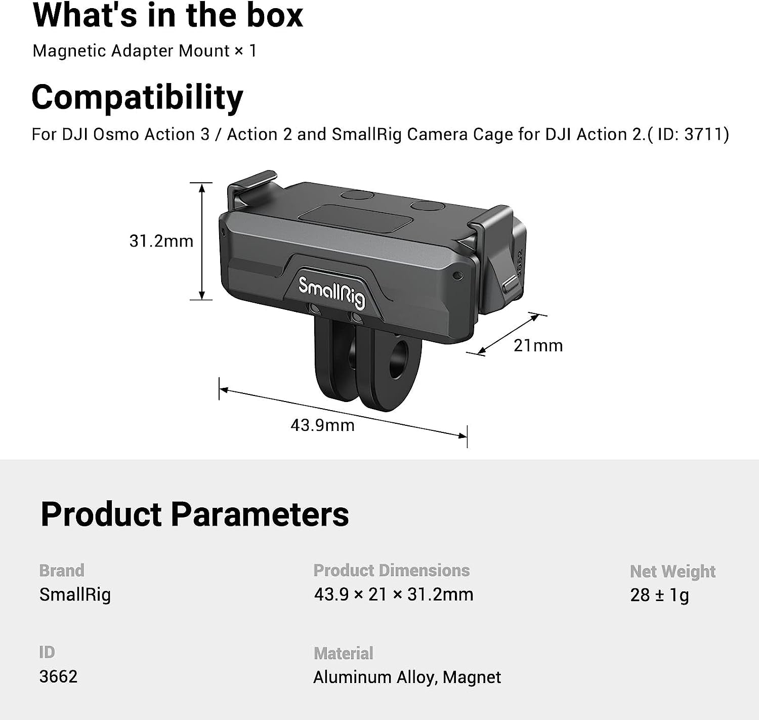 Magnetic Adapter Mount for DJI Action 4 / Action 3 / Action 2, with Adapter Connection and 1/4” Thread for Osmo Action 3 / Action 2, for Tripod, Selfie, Vlogging, Youtube - 3662