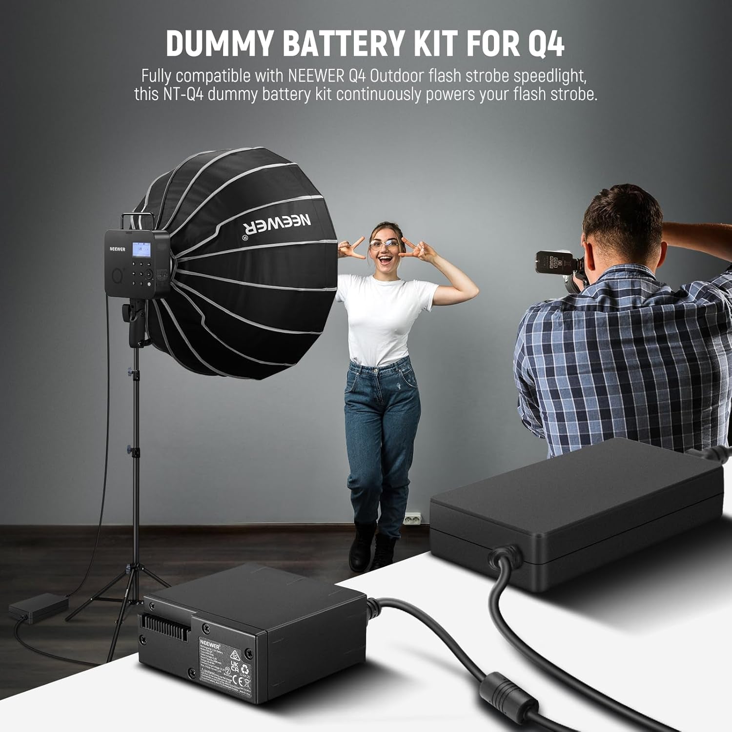 Dummy Battery Kit for Outdoor Flash Strobe Speedlight with AC Power Adapter & Cable, 25V 10.4A Replacement, Intelligent Safety Protection, 16.4Ft Length, NT-Q4