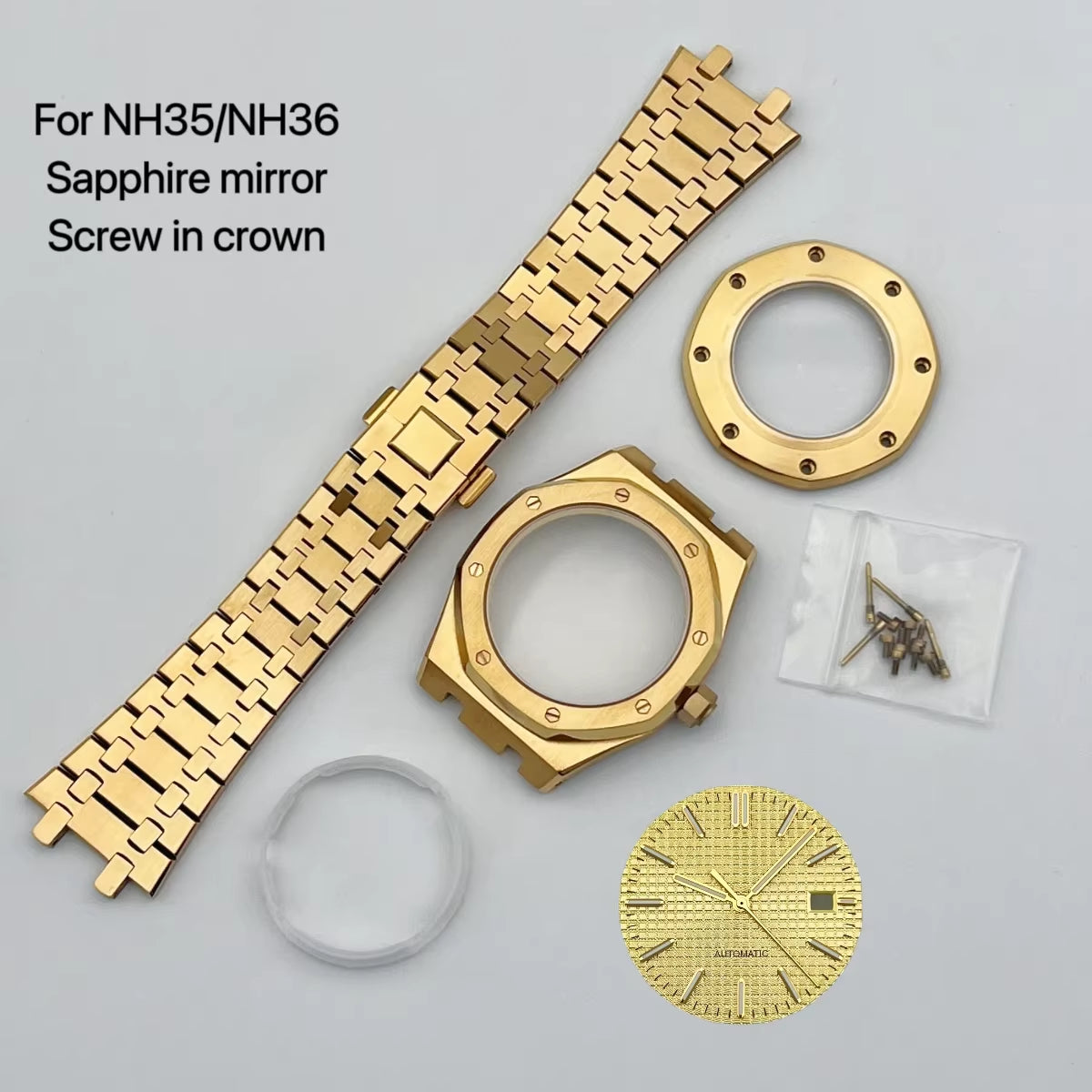 41Mm NH35 Case 31.8Mm Dial Pointers Gold Plated Stainless Steel Strap Bracelet for OAK NH35 Movement Assembly Watch Accessories