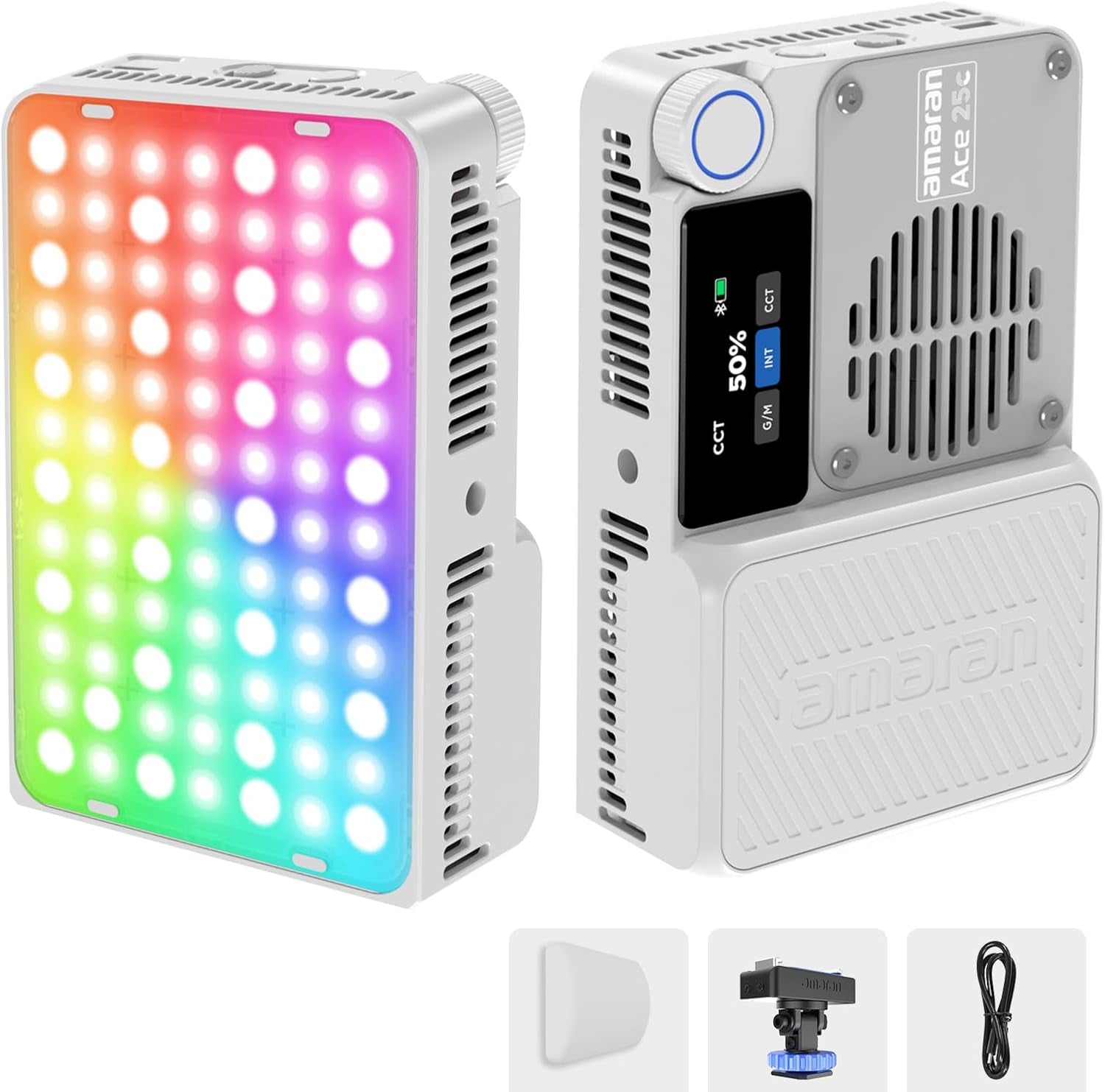 Ace 25C Pocket RGBWW LED Light, Boost Mode up to 32W, Full-Color Mini Video Light (2,300-10,000K), 1,500 Lux@1M at 5,600K, 4500Mah Battery with PD Fast Charging for Mobile Creators (White)