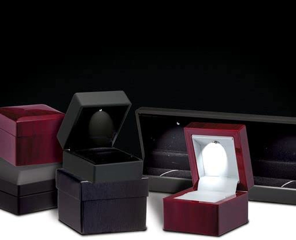 Allure - Luxury Ring Box with LED Light, Authentic Mahogany Wood with Black Leatherette Insert, Square Elegant Diamond Ring Case, for Unique Proposal or Wedding, Small Jewelry Display Gift Box.